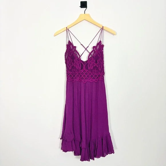 Free People Adella Tiered Slip Boho Dress Purple Crochet Lace Ruffle Mini Medium - Picture 2 of 7